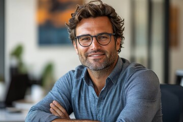 A portrait of a smiling man in an office setting. He is wearing glasses and a blue shirt.
