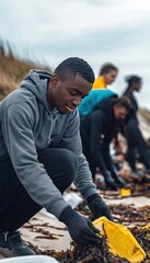 group of young black volunteers doing beach clean up 