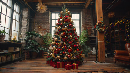 A modern decorated Christmas tree in the house.