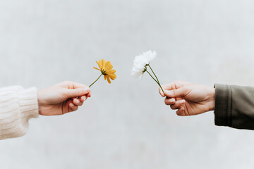 Two hands exchanging flowers, symbolizing kindness, connection, and the simplicity of human interaction, sharing, generosity, and emotional gestures.