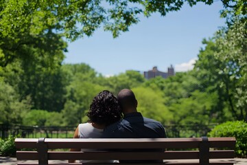 Fototapeta premium couple in the love sitting outdoors on the bench in the park, representing intimacy and relationship in the nature