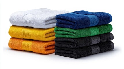 A photostock of a colorful set of towels stacked neatly, white background