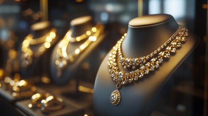 A display of gold and crystal necklaces and bracelets