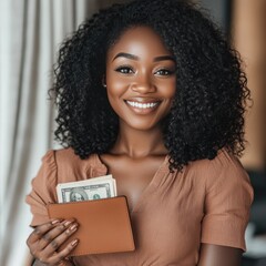 Happy young black woman putting real money into wallet purse, planning budget, looking and smiling at camera