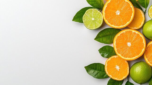 A photostock of a fresh fruit arrangement with oranges and limes, white background