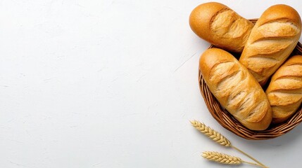 A photostock of a basket filled with fresh bread, white background, bakery theme