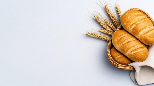A photostock of a basket filled with fresh bread, white background, bakery theme