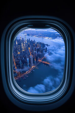 Fototapeta survol de New York city de nuit vu depuis l'intérieur d'un avion par le hublot