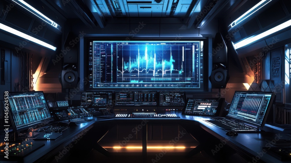 Poster a shot of a futuristic sound design studio with a large screen displaying audio waveforms, surrounde