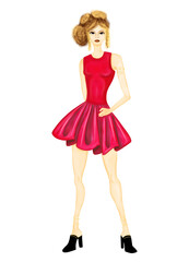 woman with red godet dress, Elegant dress sketch, fashion design