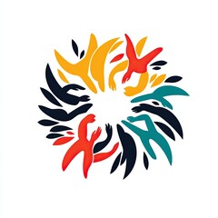 Obraz premium Abstract circular design featuring dynamic figures and leaves in vibrant colors, symbolizing movement, collaboration, and unity in a harmonious cycle.