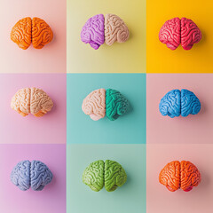  Pop art collage, set of brain isolated on multi-colored background