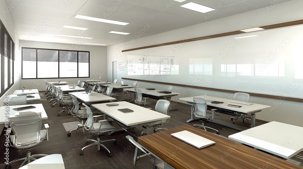 Poster a wide-angle view of a modern, minimal workspace with a clean desk and a large whiteboard, 4k resolu