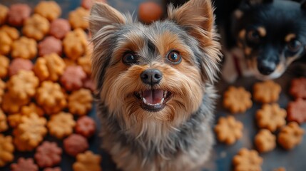 Naklejka premium Pets with food treats, featuring enjoyment of various snacks. Emphasizing joy and excitement. Ideal for pet care blogs and food-themed social media posts.