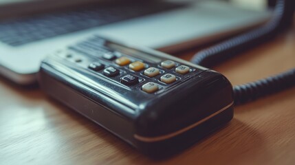 A vintage dictaphone with recording buttons visible, used for capturing speech in a minimal office setting, voice recording, speech capture, vintage tech, analog audio device. 