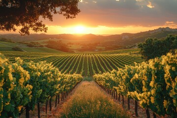 Naklejka premium A picturesque vineyard at sunset with rows of grapevines and a scenic landscape.