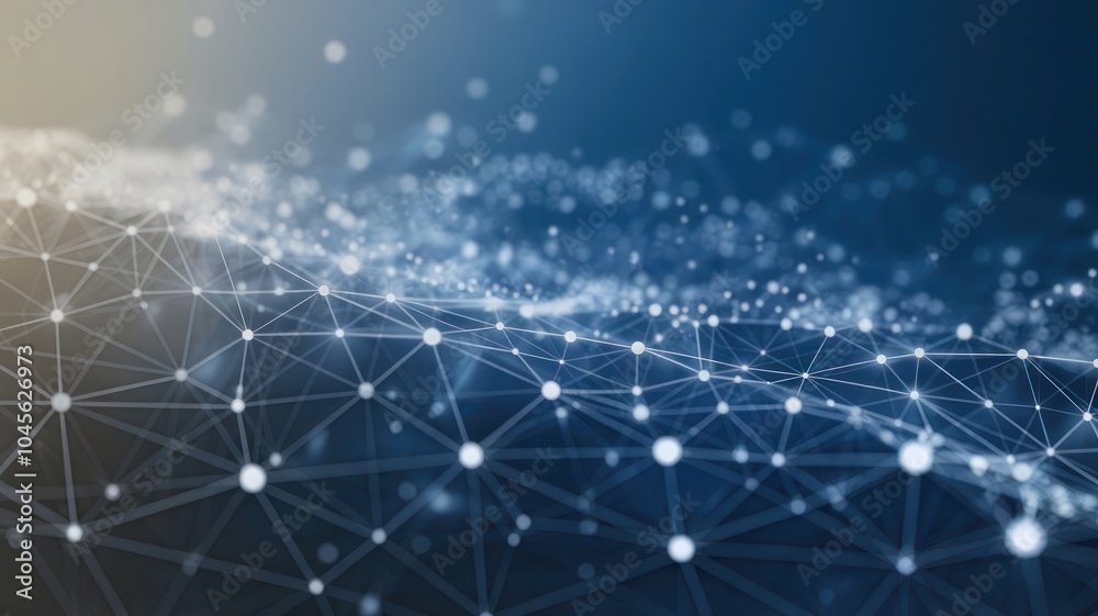 Poster a dynamic digital network of interconnected nodes and connections glowing on a dark background