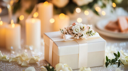 Elegant Wedding Gift Box Wrapped in Pearl White Paper with Decorative Flowers and Satin Ribbon in a Romantic Setting