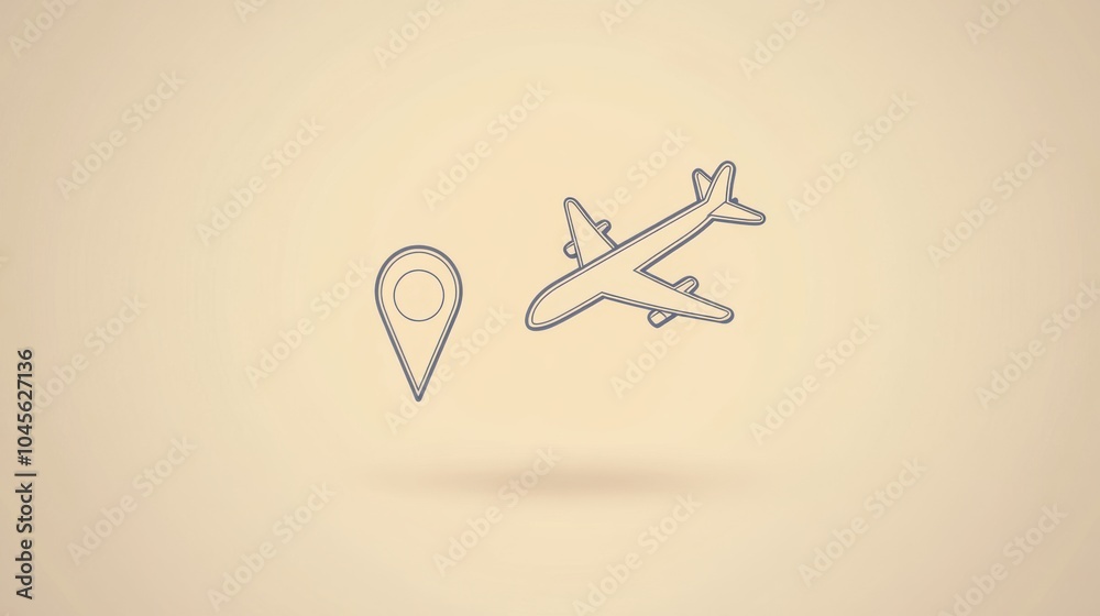 Poster an airplane icon is flying towards a map pin symbol, showcasing the concept of travel destinations a