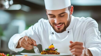 A chef artfully plates a gourmet dish, highlighting his skills in fine dining