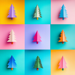 Fototapeta premium Pop art collage, set of paper Christmas trees isolated on multi-colored background