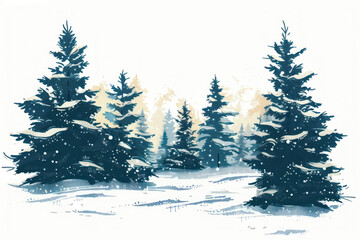 Obraz premium Snowy evergreen forest landscape painting