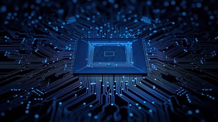 Microchip on circuit board with glowing blue patterns, high-tech concept.