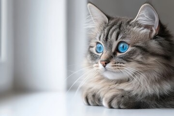 An adorable gray tabby kitten with beautiful blue eyes. Pets and lifestyle concept. Lovely fluffy cat on white background.