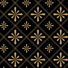 Abstract geometric pattern with crosses, stripes, lines. Seamless vector background. Black and gold ornament. Modern reticulated graphic design.