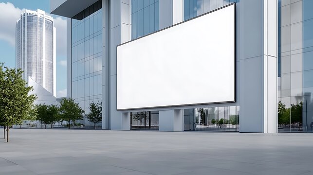 Massive digital signage on the side of a luxury shopping mall A giant, blank digital billboard covers an entire side of a luxury shopping mall.