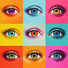 Fototapeta premium Pop art collage, set of eyes isolated on multi-colored background