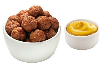 tigela de porcelana com porção de almôndegas acompanhada de pote com molho de mostarda isolado em fundo transparente