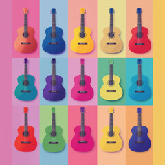 Pop art collage, set of guitars isolated on multi-colored background