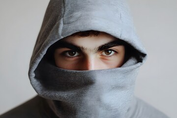 Fototapeta premium close-up portrait of serious hooded man with intense stare and mysterious expression in dark hoodie