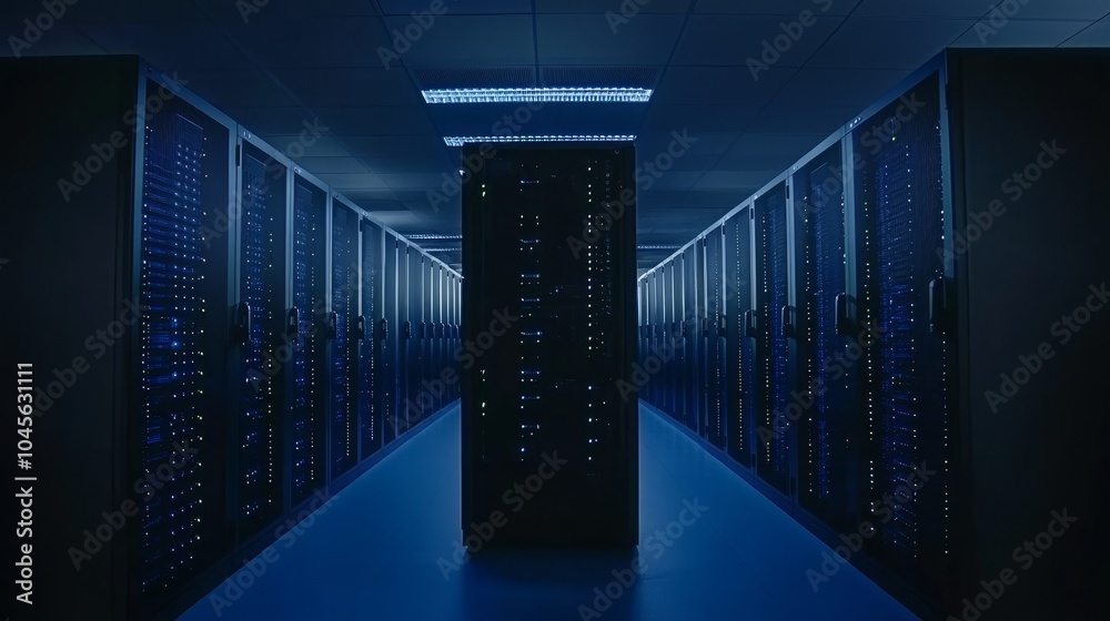 Poster various rows of fully functioning server racks at a data center. modern telecommunications, cloud co