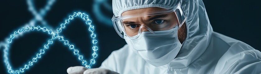 Fototapeta premium Scientist in protective gear analyzing molecular structures against a dark background.