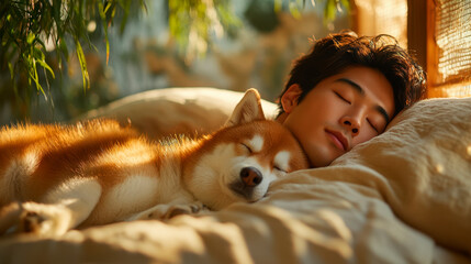 lazy man and cute dog sleeping in bed