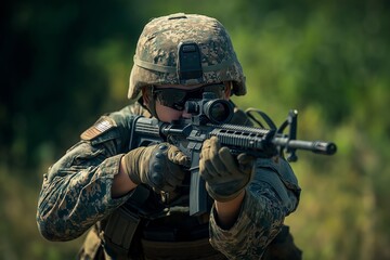 Fototapeta premium A sniper in camouflage takes aim with a rifle in a natural setting, showing precision and concentration.