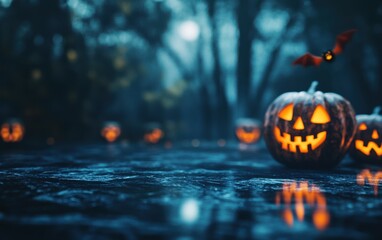 Ground level angle view close up, surface of dark marble stone, with a Halloween-inspired moonlit forest background, blurred bats and glowing jack-o'-lanterns, copy space, ad promo template, spooky