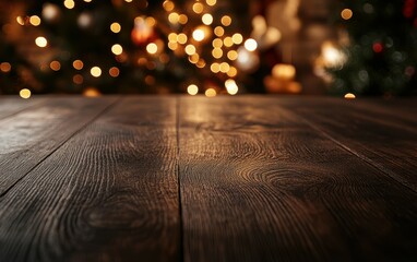 Ground level angle view close up, surface of dark stained oak table, with a Christmas-inspired festive dining room background, blurred twinkling Christmas lights and holiday garland, copy space