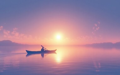 A single kayak drifting on still water at dawn, surrounded by the soft glow of the rising sun, creating a serene and calming scene 