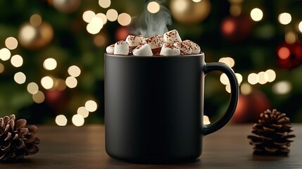 Steaming hot chocolate in a black mug topped with marshmallows, surrounded by festive holiday lights.