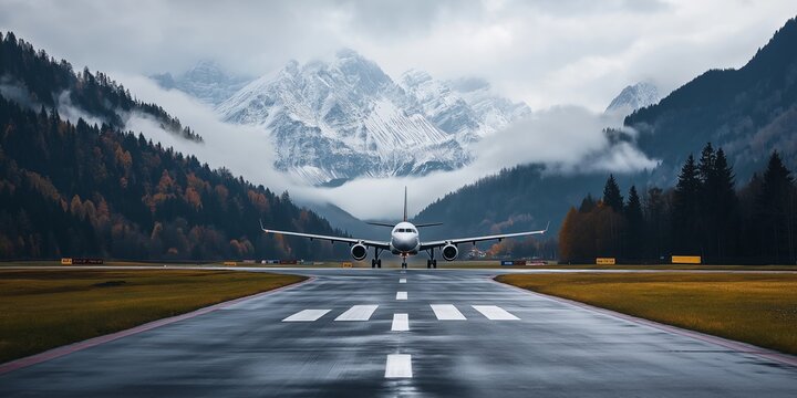 A passenger airplane on the runway, with snow-capped mountains and mist on a cloudy day.