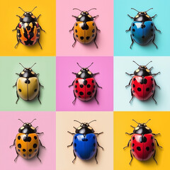 Naklejka premium Pop art collage, set of ladybugs isolated on multi-colored background