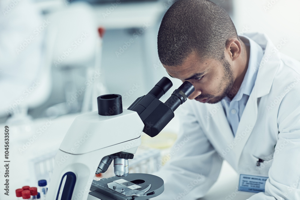 Aufkleber man, microscope and science at lab for research, test and blood sample for mpox vaccine development.