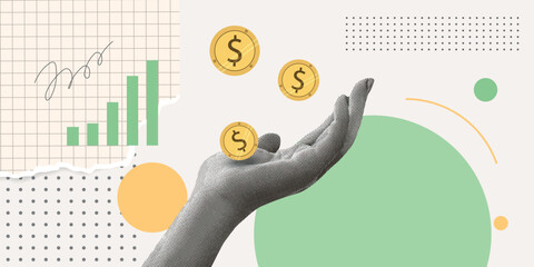Contemporary Halftone Collage Hand for investments concept, marketing, trading. Online Stock banner with finance elements, coins, money. Vertical invest or business poster. Vector illustration.