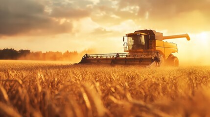 Fototapeta premium A combine harvester working in a golden field at sunset, creating a dusty atmosphere. productivity tools. Ultra realistic. Photorealistic