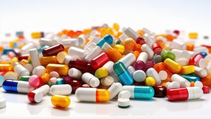 A vibrant assortment of colorful pills and capsules scattered on a surface.