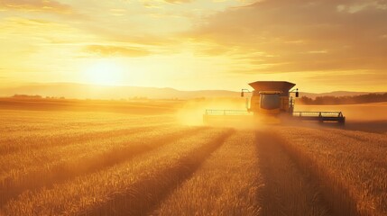 Fototapeta premium A combine harvester working in a golden field at sunset, creating a dusty atmosphere. productivity tools. Ultra realistic. Photorealistic