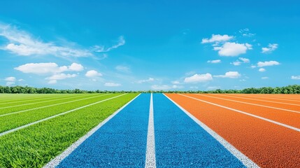 Fototapeta premium Vibrant athletic track with colorful lanes, blue sky, and lush green surroundings under sunny conditions.